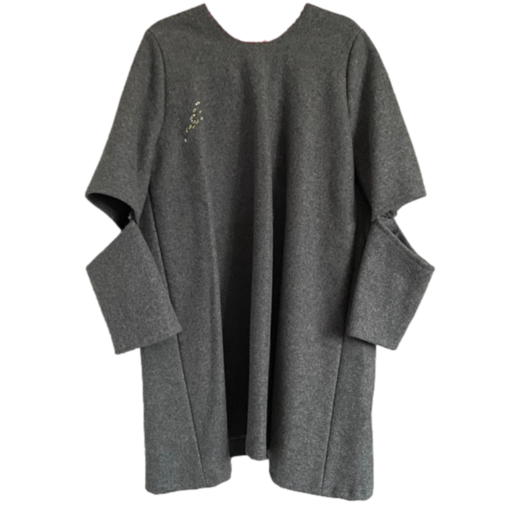 Handmade Gray Wool Elbow Cut-Out Embroidered Mid-Length Coat - 6/8, M, OOAK! - Picture 11 of 14